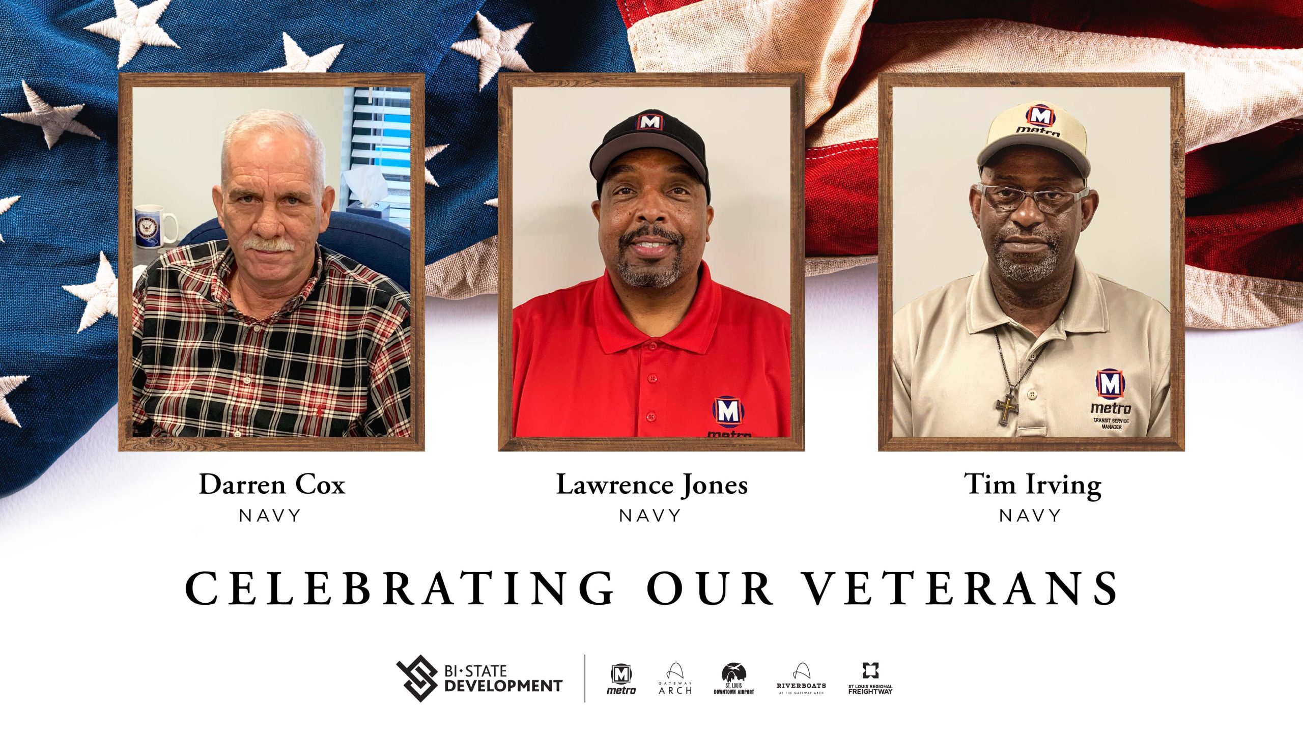 A Celebrating Our Veterans graphic that features three Navy Veterans: Darren Curry, Lawrence Jones. and Tim Irving.