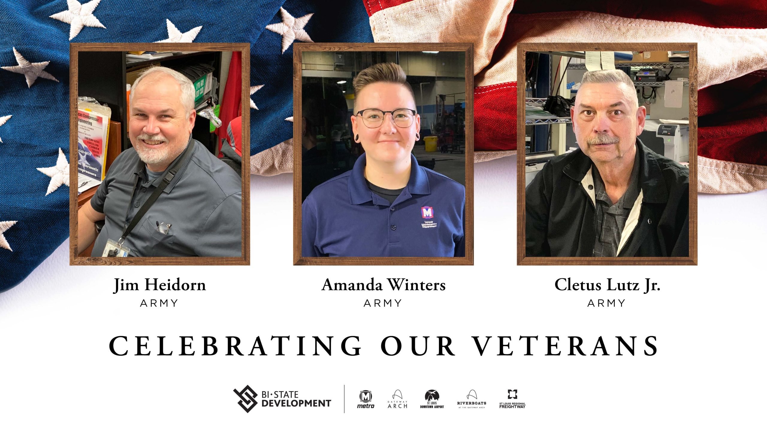 A Celebrating Our Veterans graphic that features three Army Veterans: Jim Heidorn, Amanda Winters, and Cletus Lutz Jr.