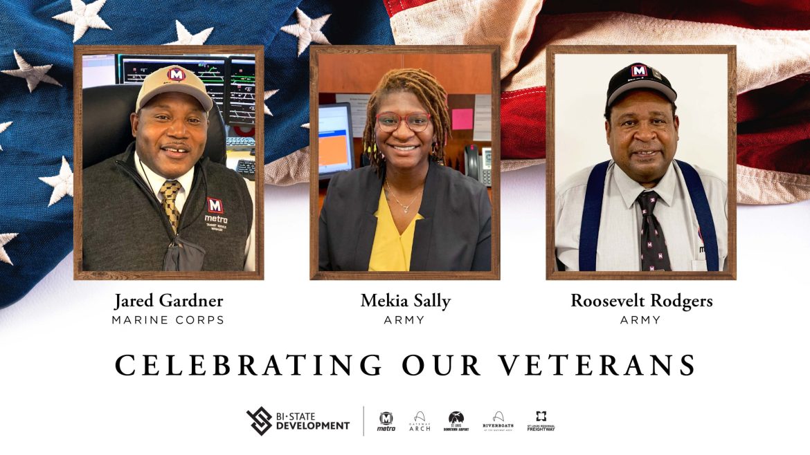 A Celebrating Our Veterans graphic that features Marine Corps Veteran, Jared Gardner along with two Army Veterans, Mekia Sally and Roosevelt Rodgers.
