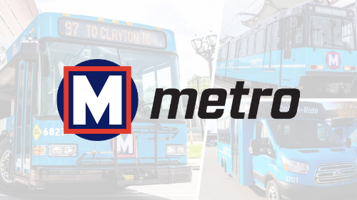 Metro logo with Metro Transit vehicles showing in the background