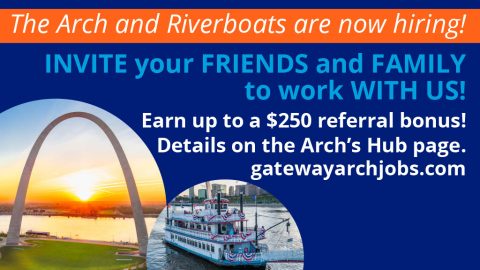 Graphic featuring the Gateway Arch and a riverboat with the text that reads, 