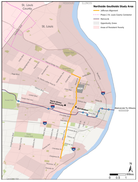 Map of the downtown St. Louis area showing the Jefferson alignment