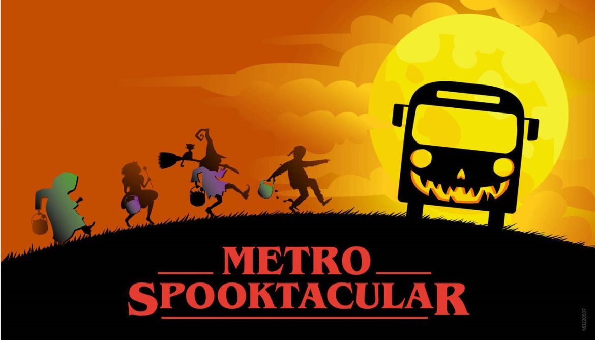 Graphic of children heading to a jack o-lantern designed bus for Metro Spooktacular
