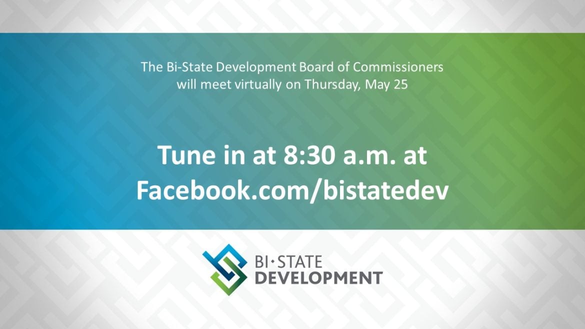 Graphic stating the Board of Commissioners will meet virtually on Thursday, May 25 and you can watch it by tuning in at 8:30 a.m. on Facebook.com/bistatedev